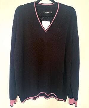SAINT + SOFIA Diamond Knit V-Neck Pullover Sweater Black/Pink Trim M 1009780